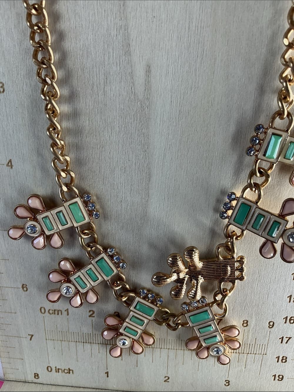 ★ Gold Tone Floral Mint Enamel Statement Necklace Rhinestone
