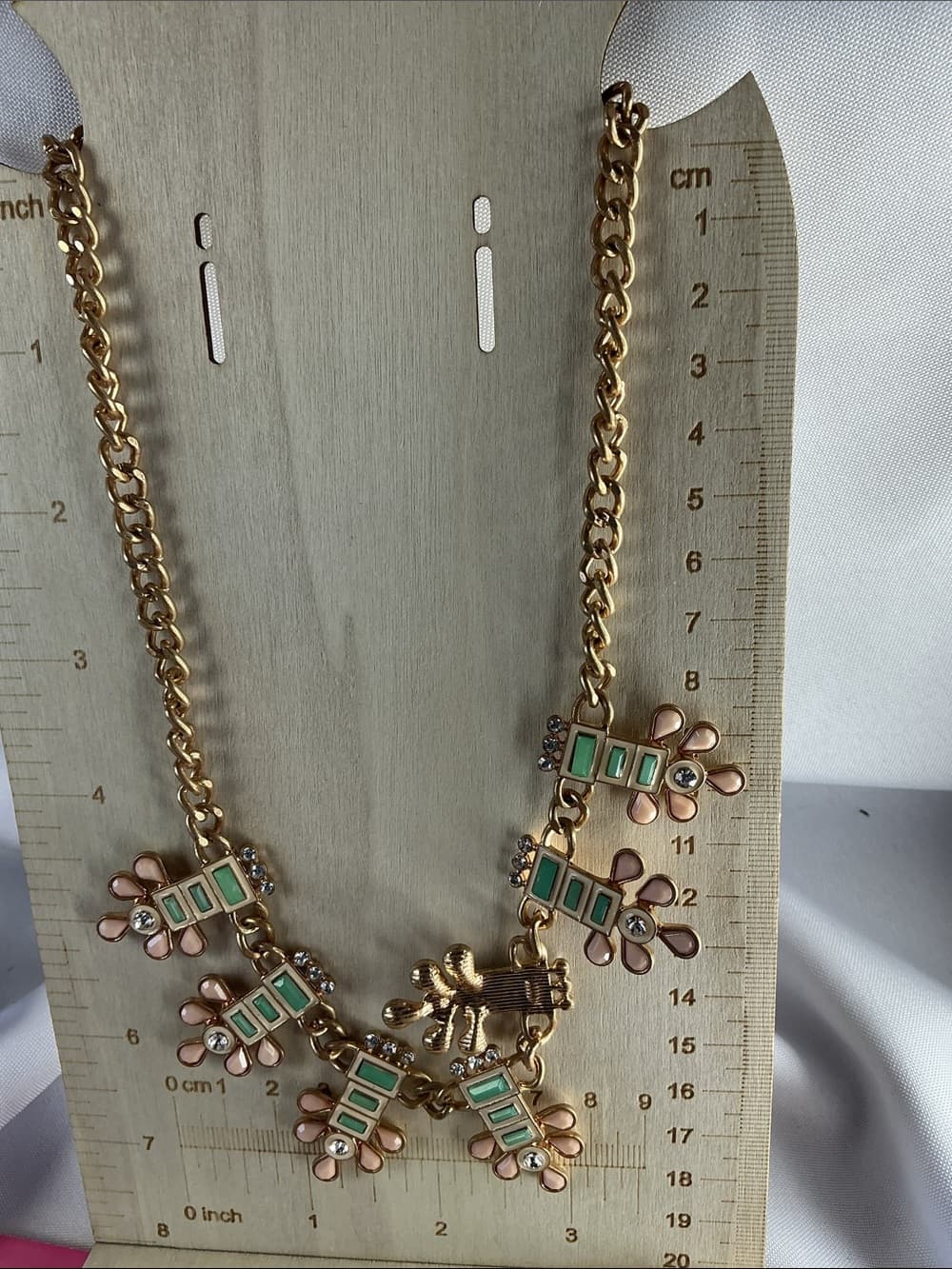 ★ Gold Tone Floral Mint Enamel Statement Necklace Rhinestone - Thumbnail 2