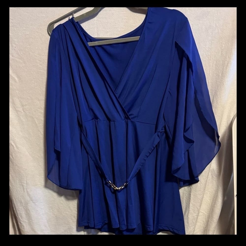 ★ Royal Blue Wrap Blouse Bell Sleeve Tie Waist Career Top - Thumbnail 8