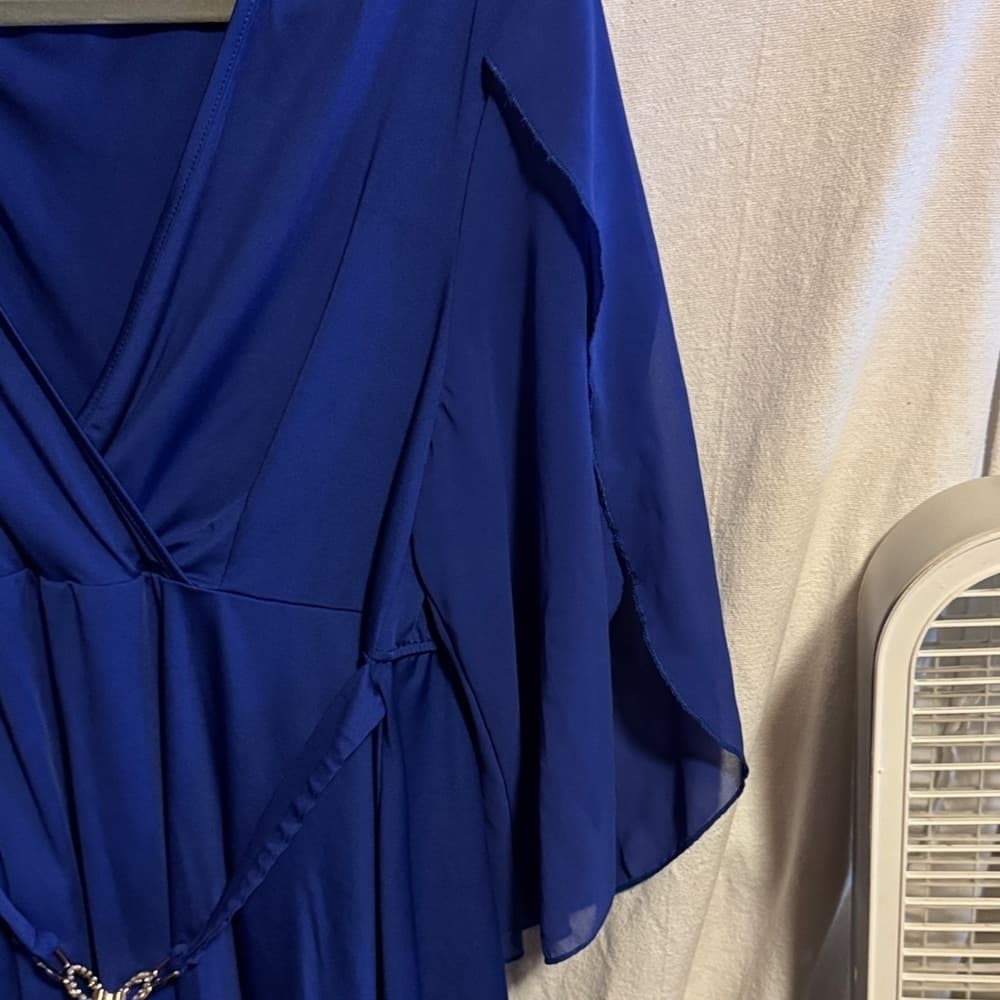 ★ Royal Blue Wrap Blouse Bell Sleeve Tie Waist Career Top - Thumbnail 2