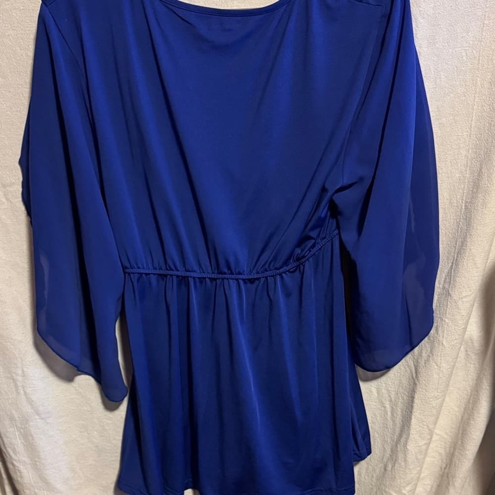★ Royal Blue Wrap Blouse Bell Sleeve Tie Waist Career Top - Thumbnail 6