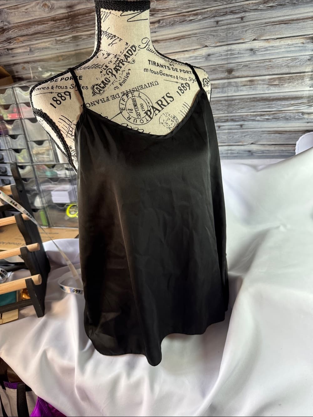 ★ Black Satin Cami Tank Top Adjustable Straps Silky Minimalist Chic