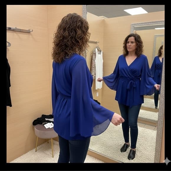 ★ Royal Blue Wrap Blouse Bell Sleeve Tie Waist Career Top - Thumbnail 10