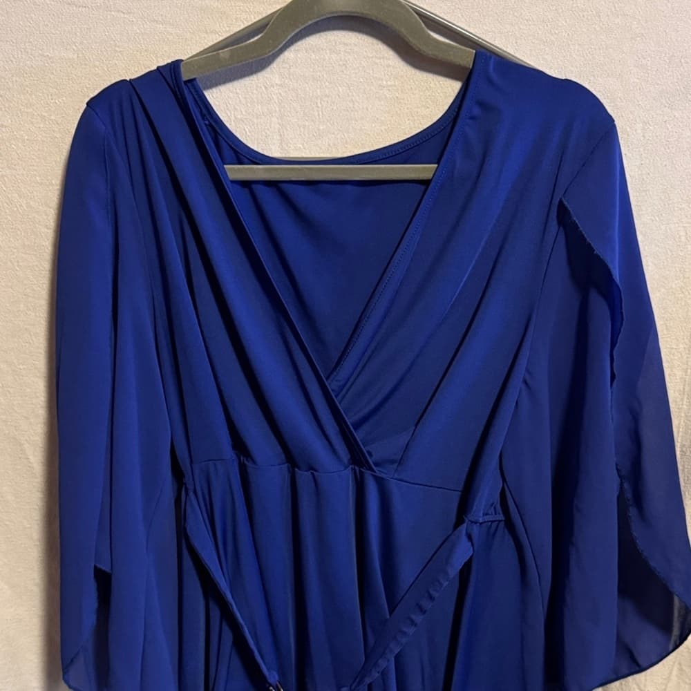 ★ Royal Blue Wrap Blouse Bell Sleeve Tie Waist Career Top - Thumbnail 5