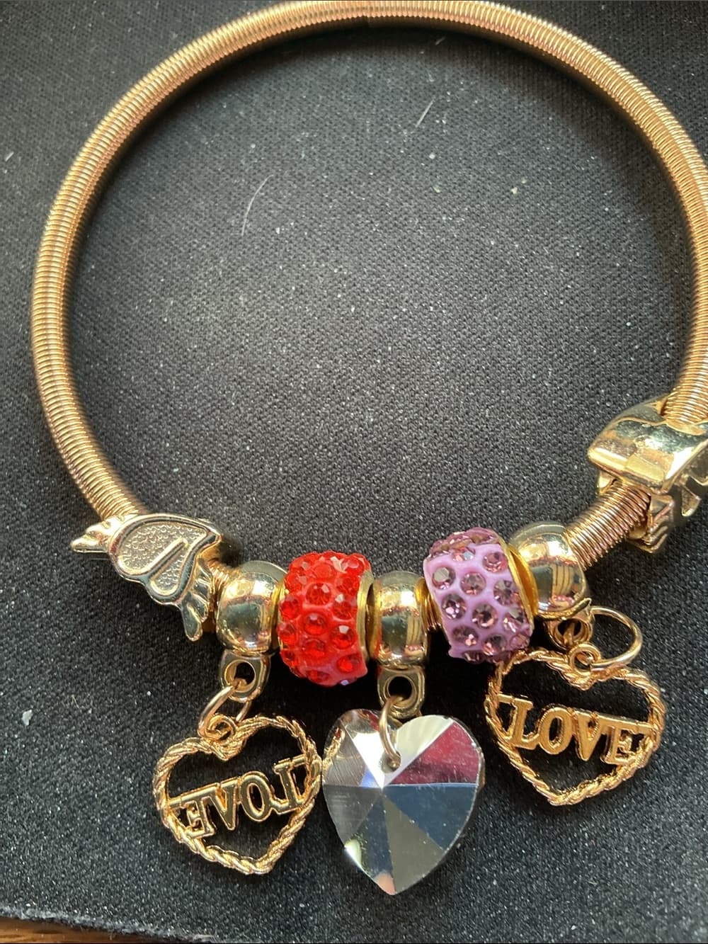 ⭐ Love Charm Rhinestone Bangle Bracelet Pink Purple Heart