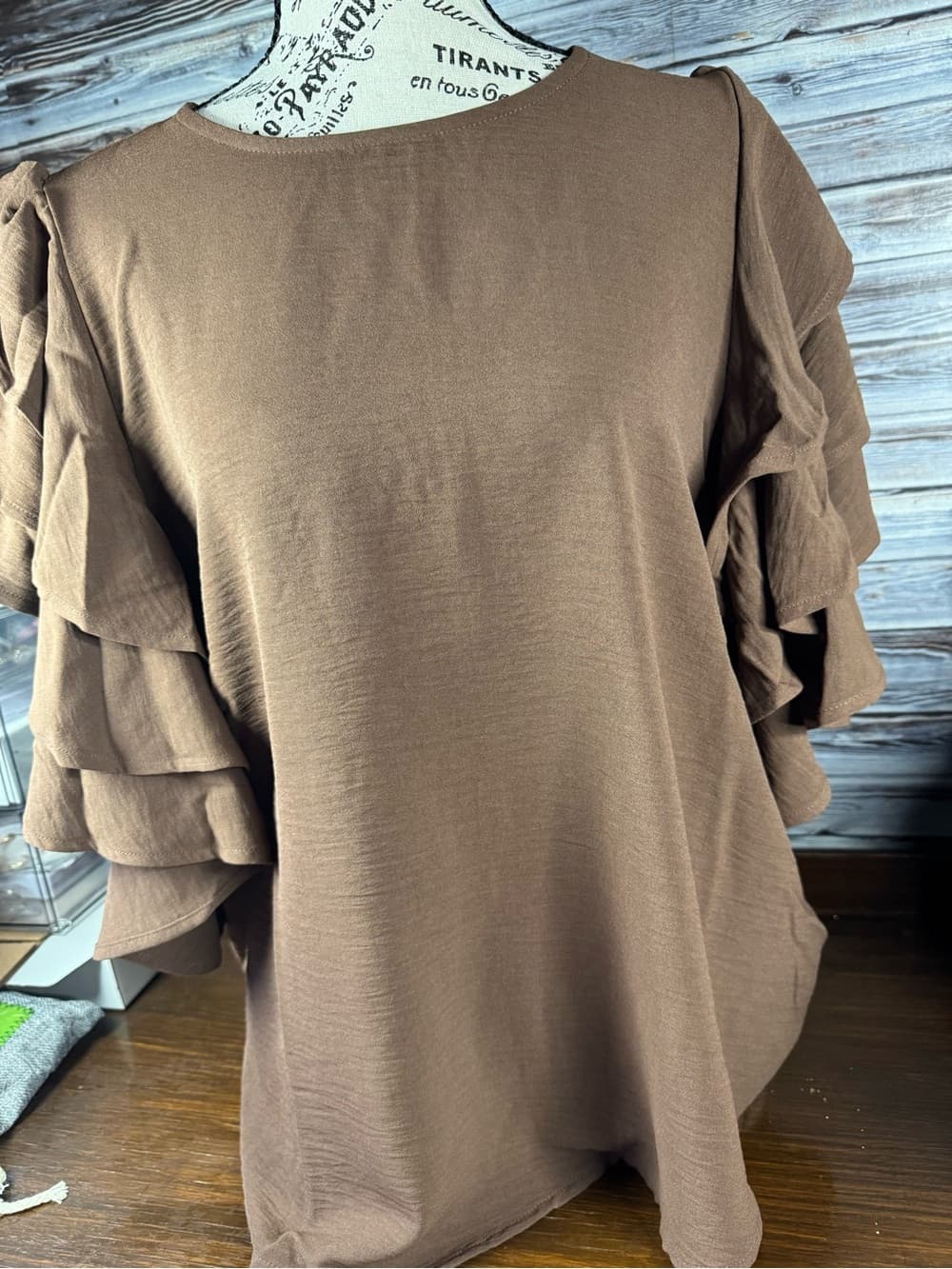 ⭐ Brown Ruffle Sleeve Blouse Flowy Lightweight Casual Chic Top - Thumbnail 2
