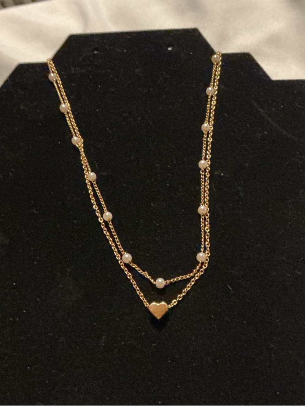 Gold Layered Pearl Necklace Heart Charm Dainty Chic - Thumbnail 3