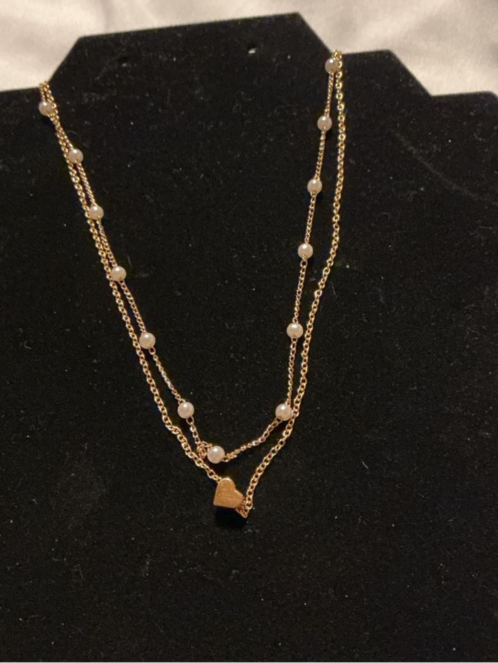 Gold Layered Pearl Necklace Heart Charm Dainty Chic - Thumbnail 2