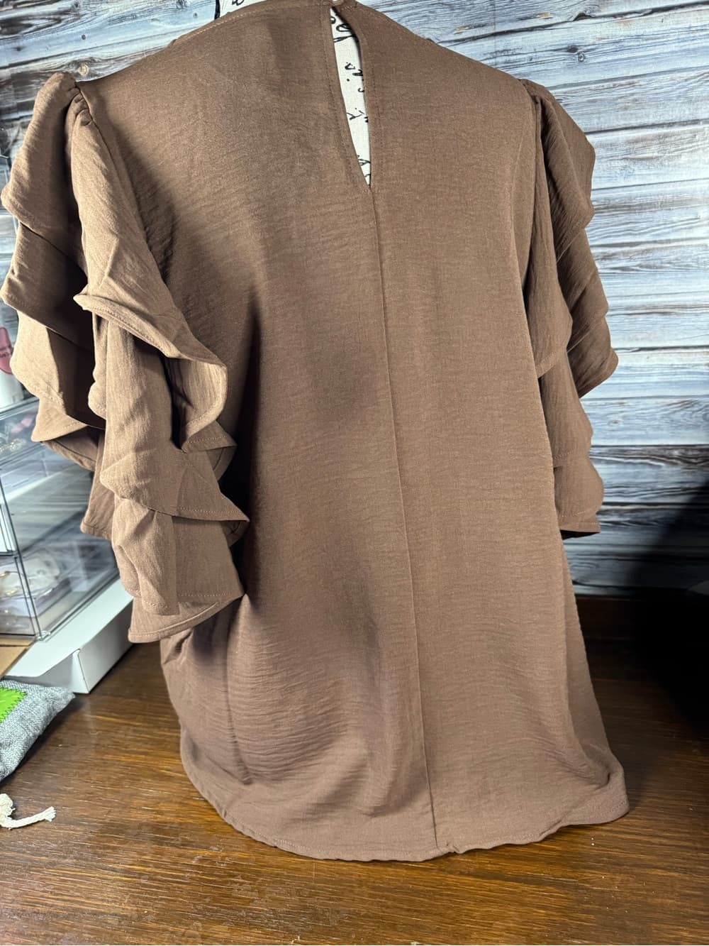 ⭐ Brown Ruffle Sleeve Blouse Flowy Lightweight Casual Chic Top