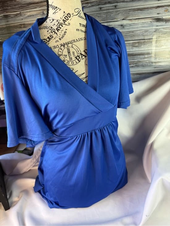 ★ Royal Blue Tie Back Mock Wrap Tunic Top One Size Stretch - Thumbnail 5
