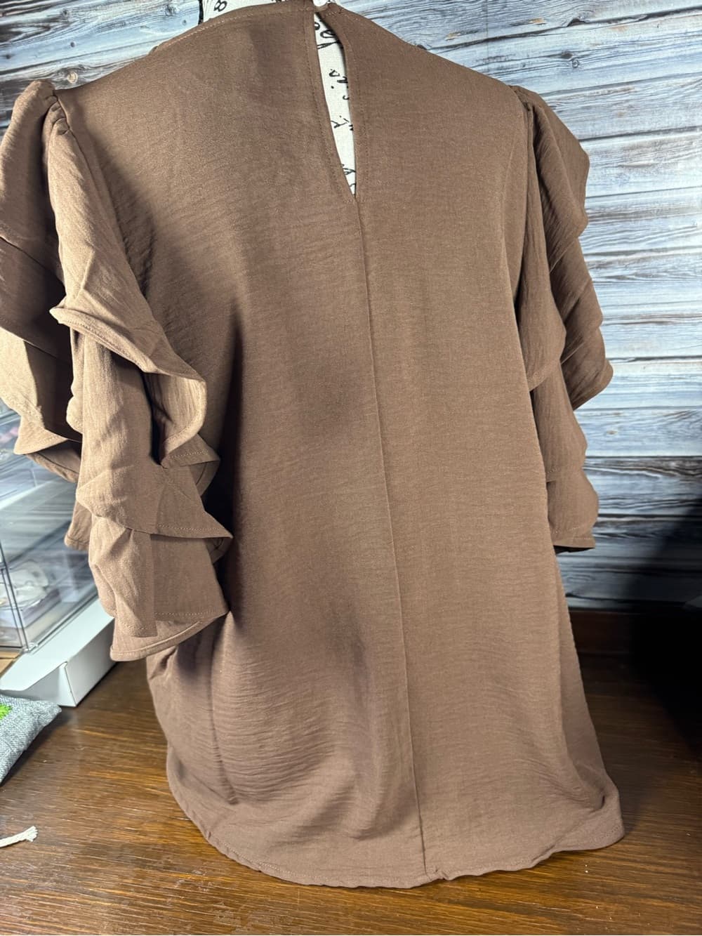⭐ Brown Ruffle Sleeve Blouse Flowy Lightweight Casual Chic Top - Thumbnail 3