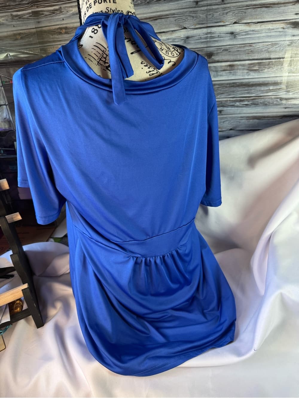 ★ Royal Blue Tie Back Mock Wrap Tunic Top One Size Stretch