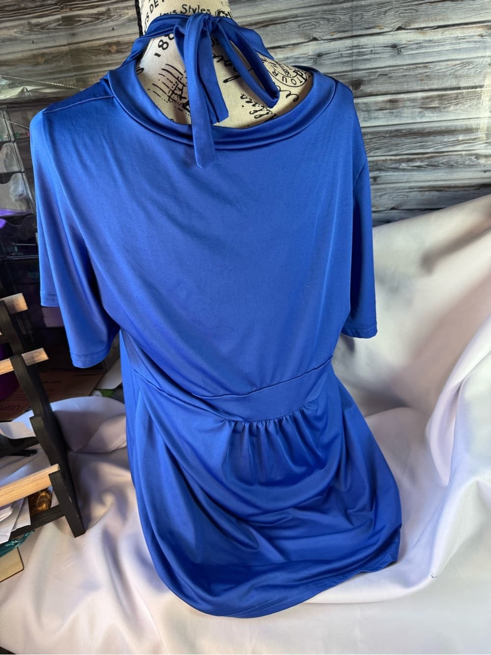 ★ Royal Blue Tie Back Mock Wrap Tunic Top One Size Stretch - Thumbnail 2