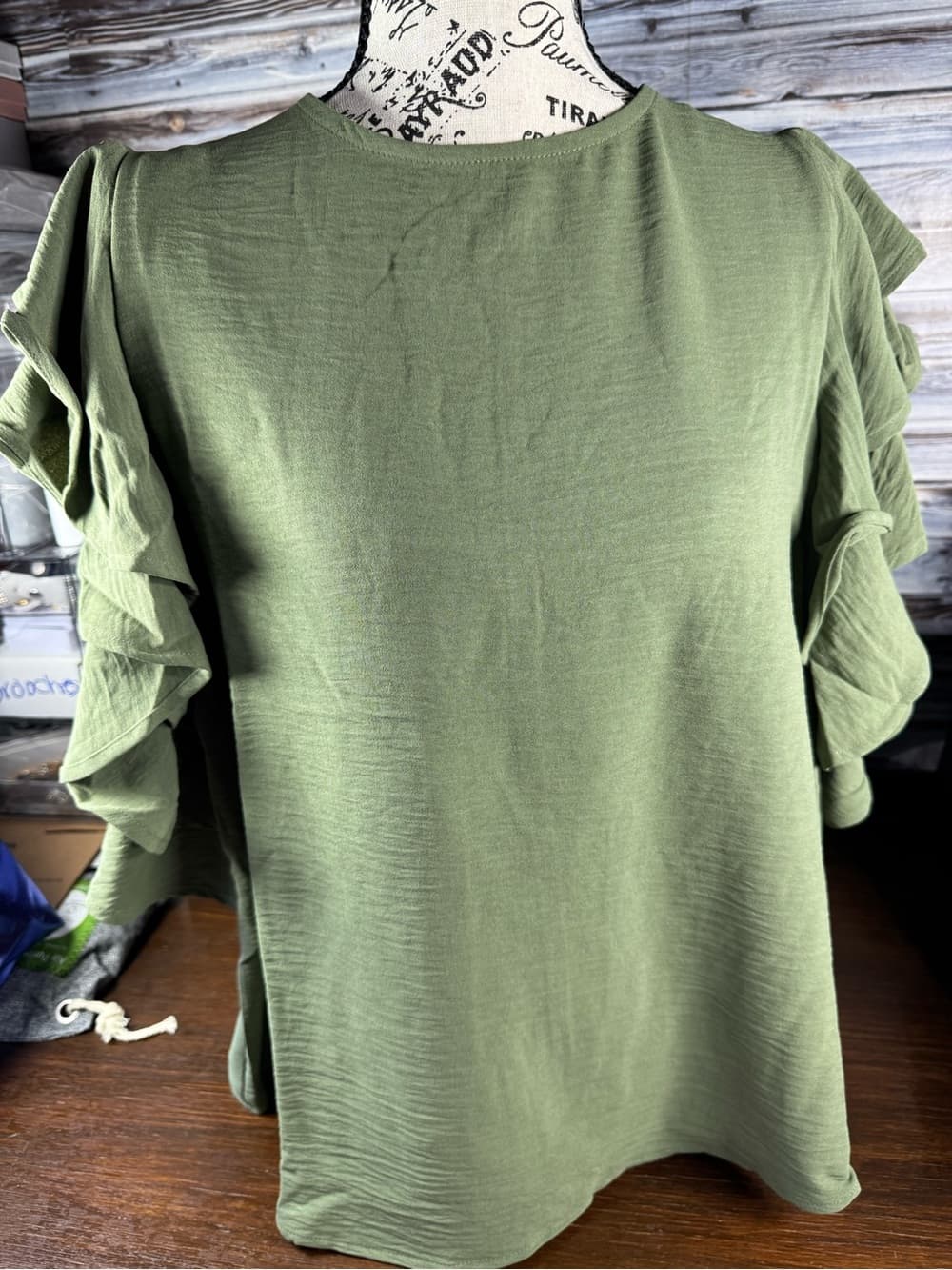 ⭐ Olive Ruffle Sleeve Blouse Flowy Lightweight Casual Chic Top - Thumbnail 2
