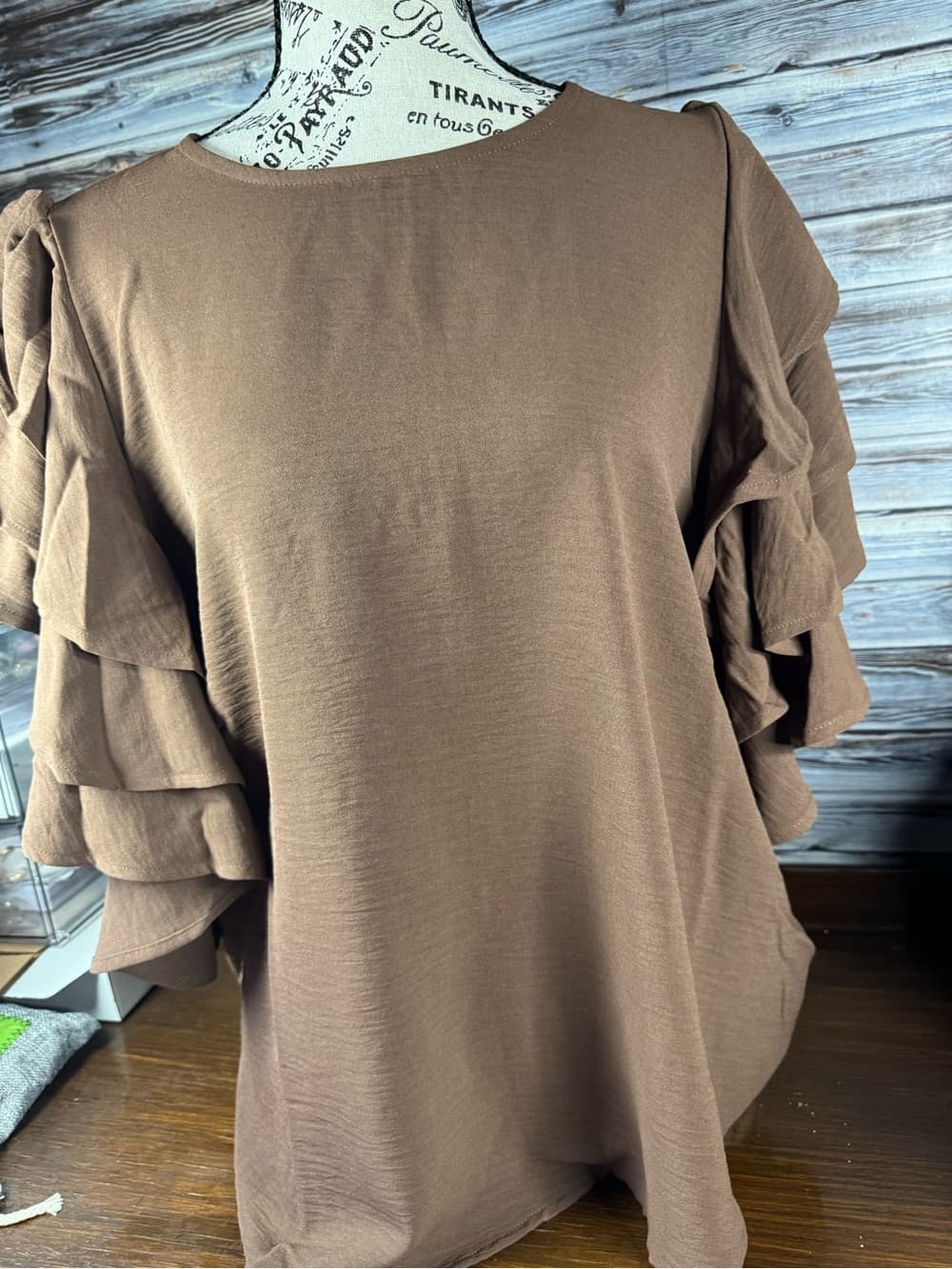 ⭐ Brown Ruffle Sleeve Blouse Flowy Lightweight Casual Chic Top - Thumbnail 4
