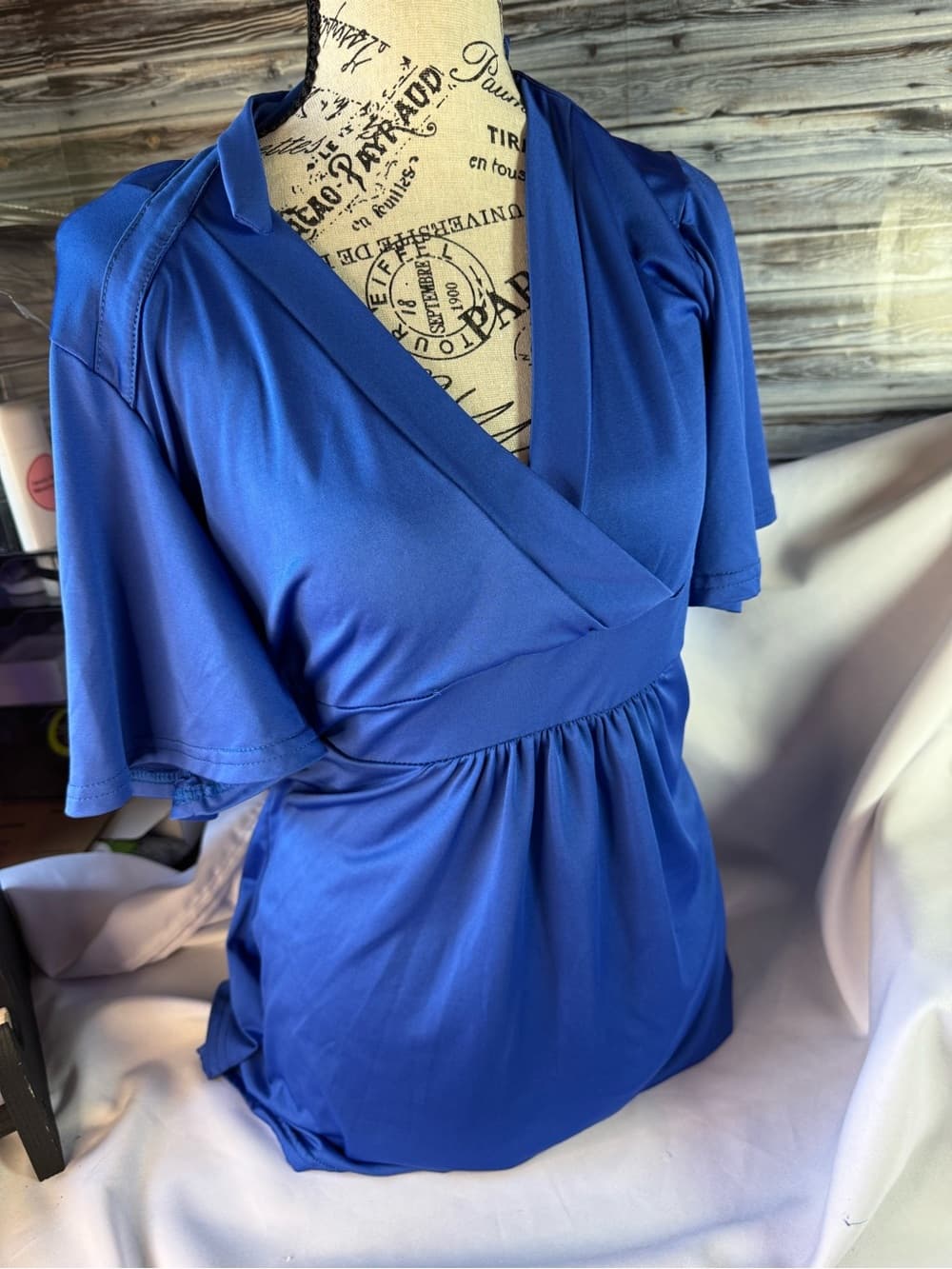 ★ Royal Blue Tie Back Mock Wrap Tunic Top One Size Stretch - Thumbnail 3