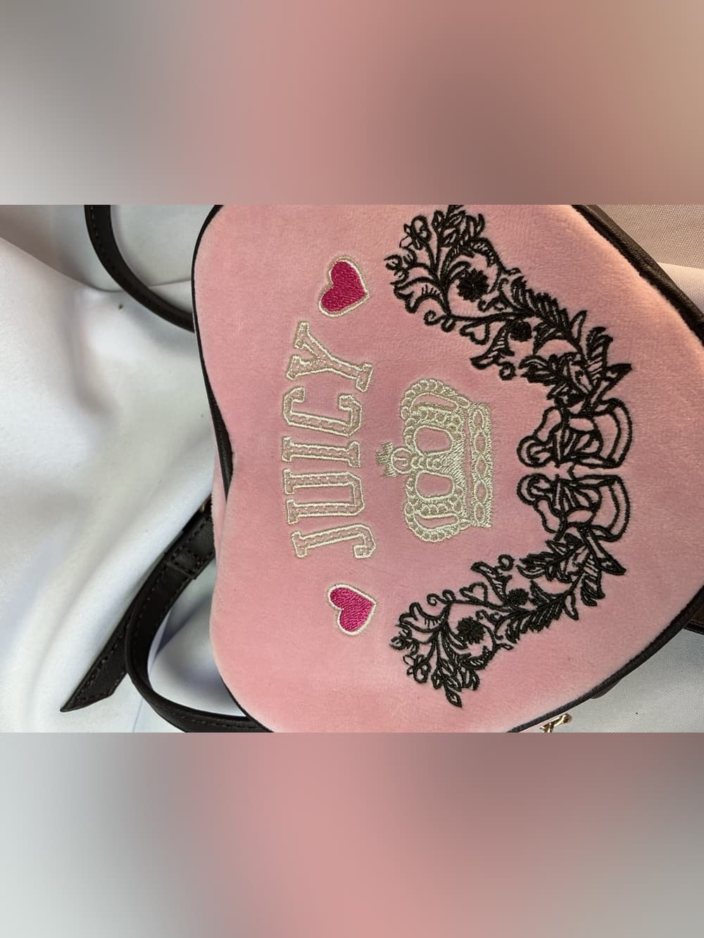 ★ Juicy Couture Pink Heart Crossbody Bag Velour Crown Y2K - Thumbnail 2