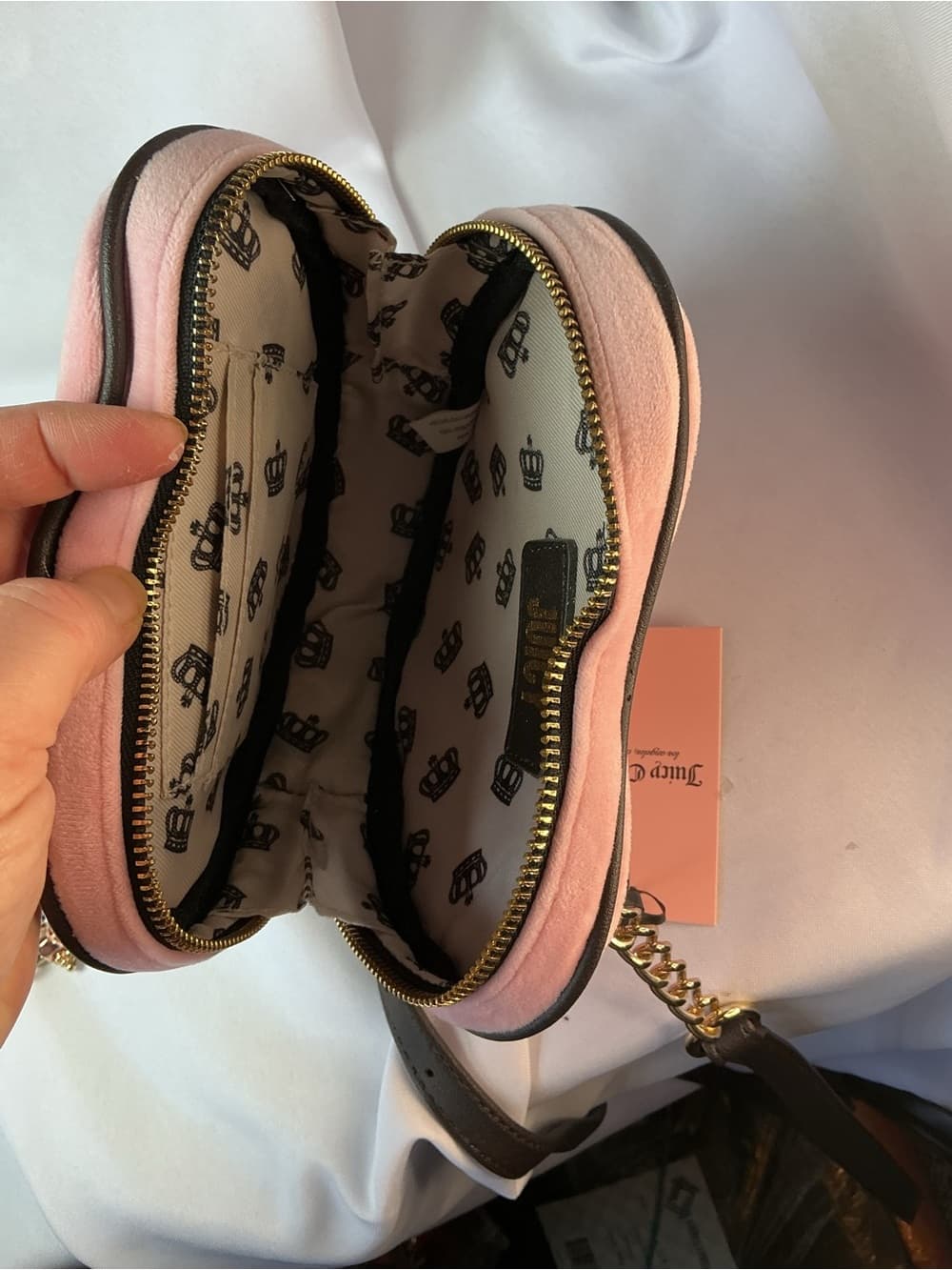 ★ Juicy Couture Pink Heart Crossbody Bag Velour Crown Y2K - Thumbnail 3