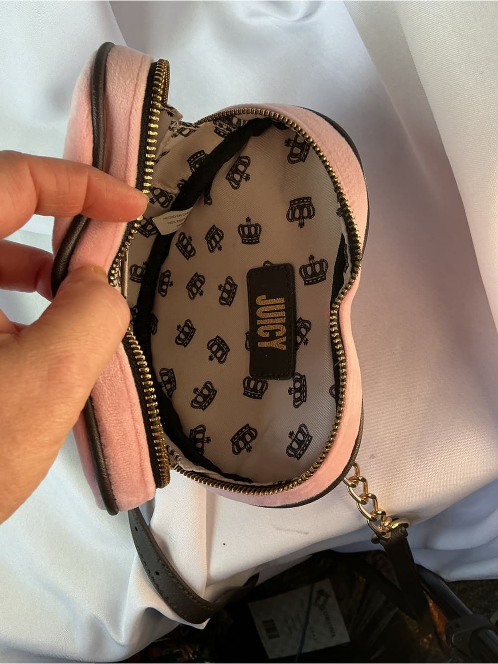 ★ Juicy Couture Pink Heart Crossbody Bag Velour Crown Y2K - Thumbnail 5