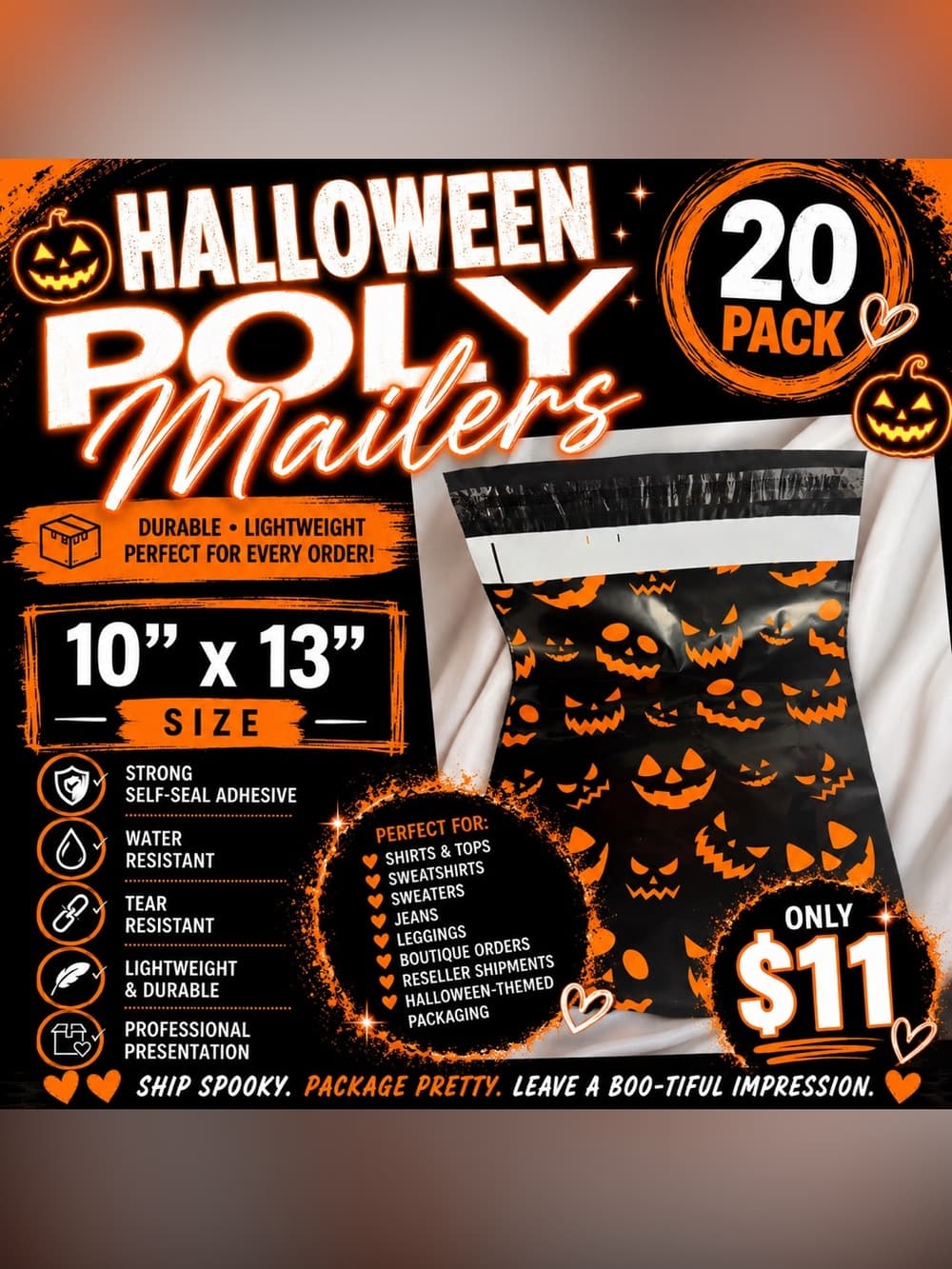 ★ Halloween Jack-O’-Lantern Poly Mailers | 20 Count Shipping Bags - Thumbnail 2