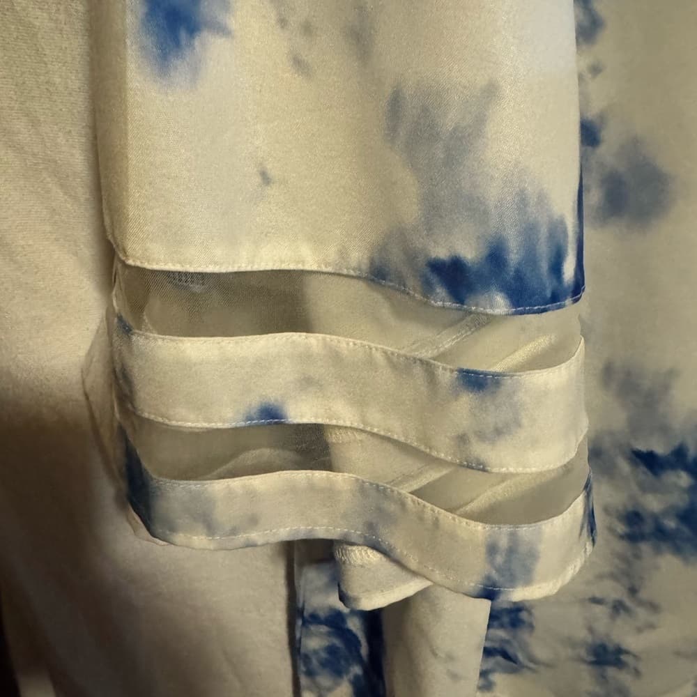 ★ Blue White Tie Dye V Neck Dress Sheer Sleeve Detail Plus Size - Thumbnail 2