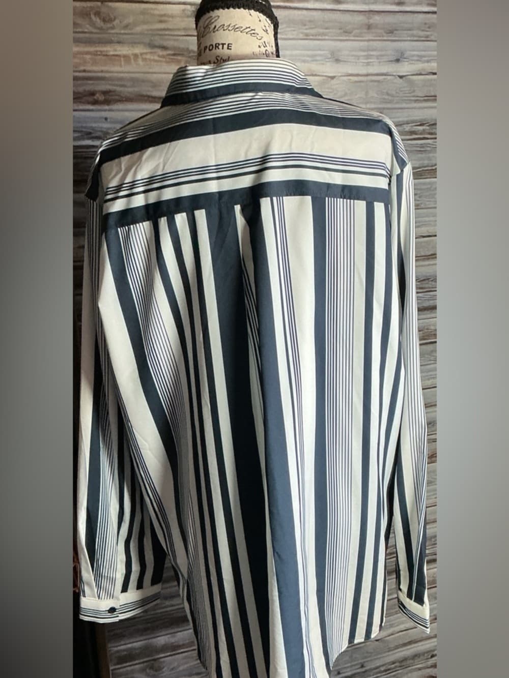 ★ Black White Striped Button Down Blouse Long Sleeve Career Top - Thumbnail 3