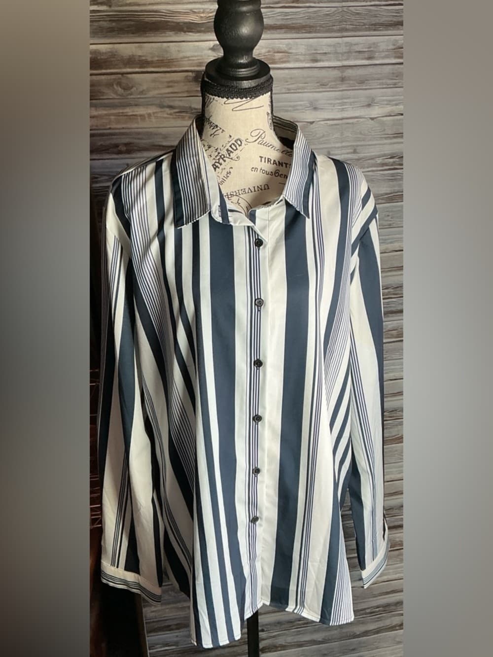 ★ Black White Striped Button Down Blouse Long Sleeve Career Top - Thumbnail 5