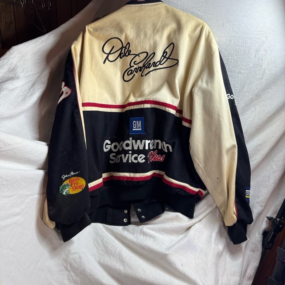 Men's Black and Cream Racing Jacket - Thumbnail 3