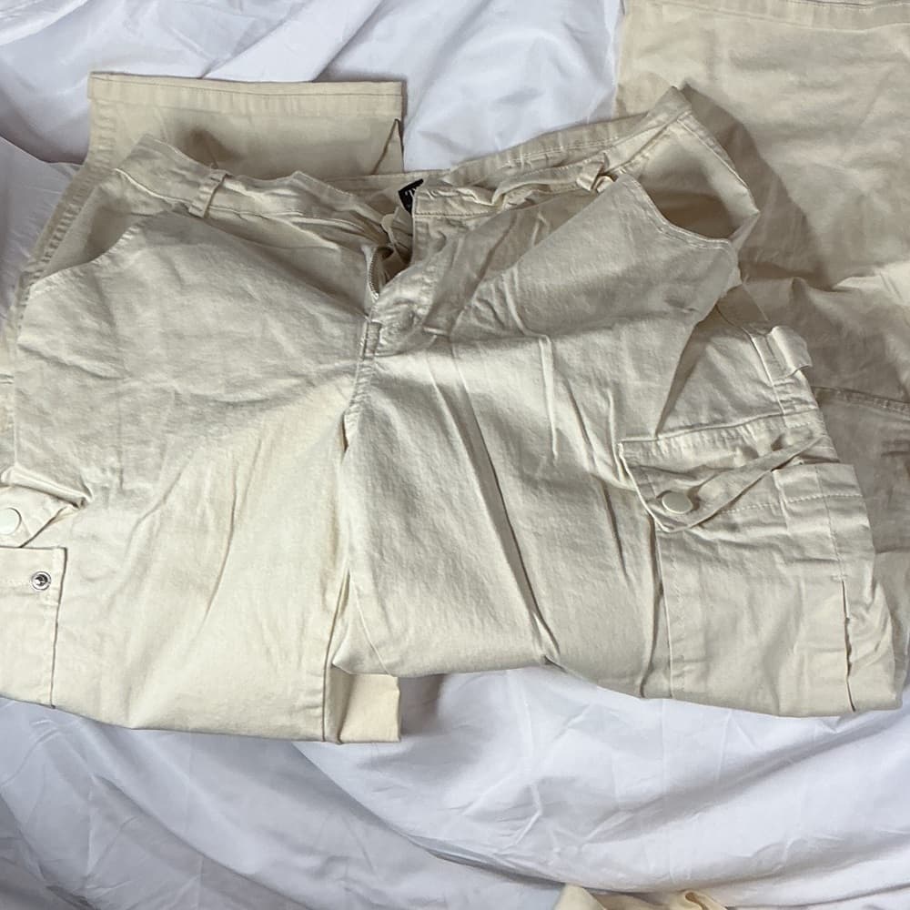 ★ White Cargo Pants Women's Elastic Waist Utility Casual Pants - Thumbnail 6