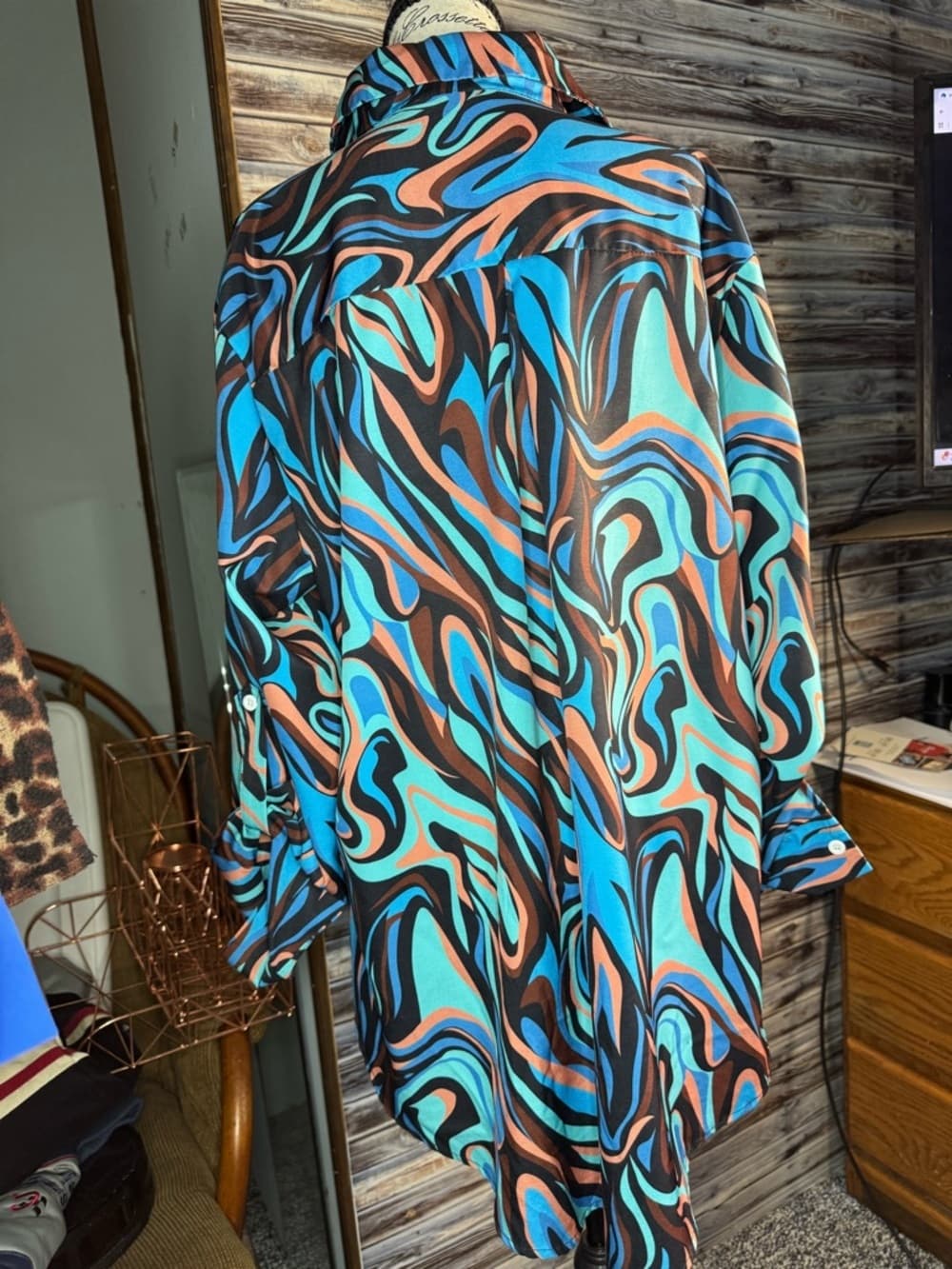 ★ Abstract Swirl Print Button Down Blouse Blue Brown Black Top - Thumbnail 2