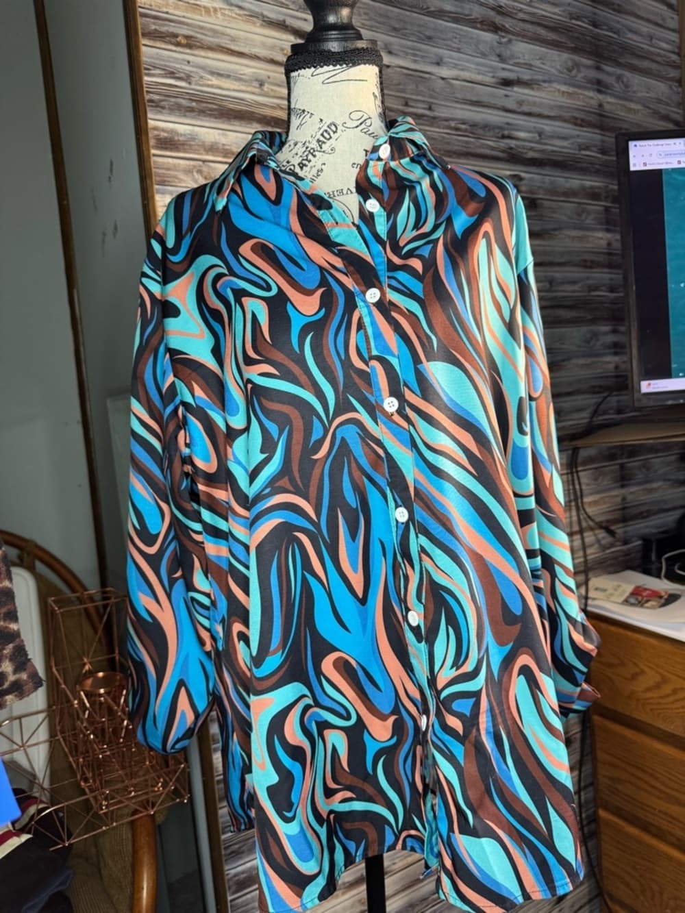 ★ Abstract Swirl Print Button Down Blouse Blue Brown Black Top - Thumbnail 5