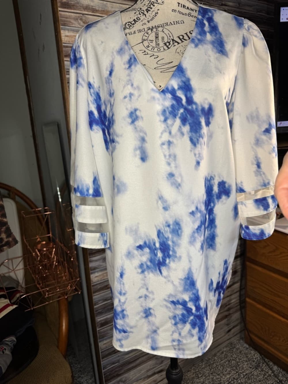 ★ Blue White Tie Dye V Neck Dress Sheer Sleeve Detail Plus Size - Thumbnail 4