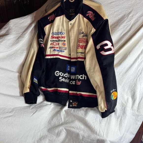 Men's Black and Cream Racing Jacket - Thumbnail 6