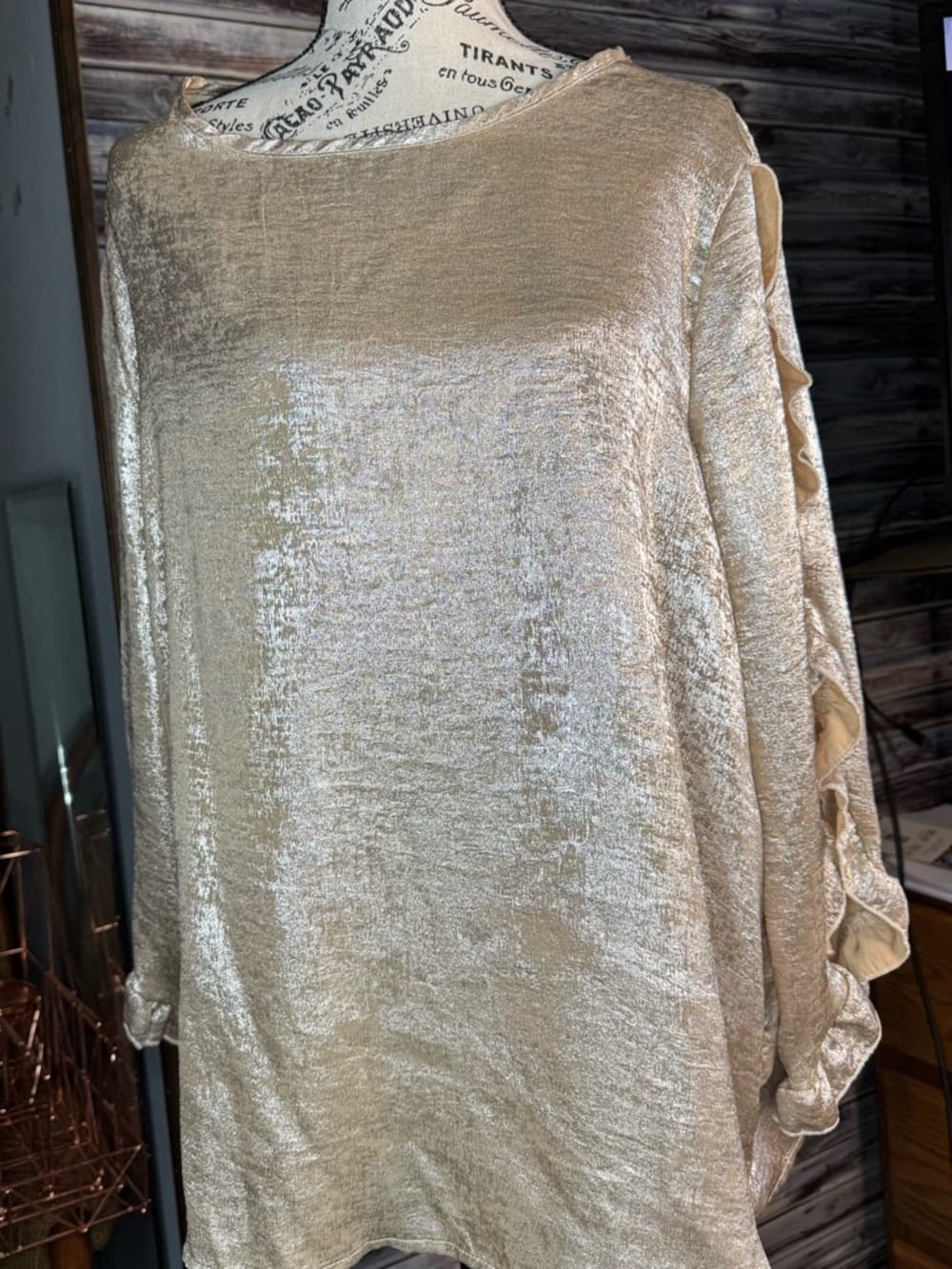 ★ 2XL Champagne Velvet Shimmer Blouse Ruffle Sleeve Party Top
