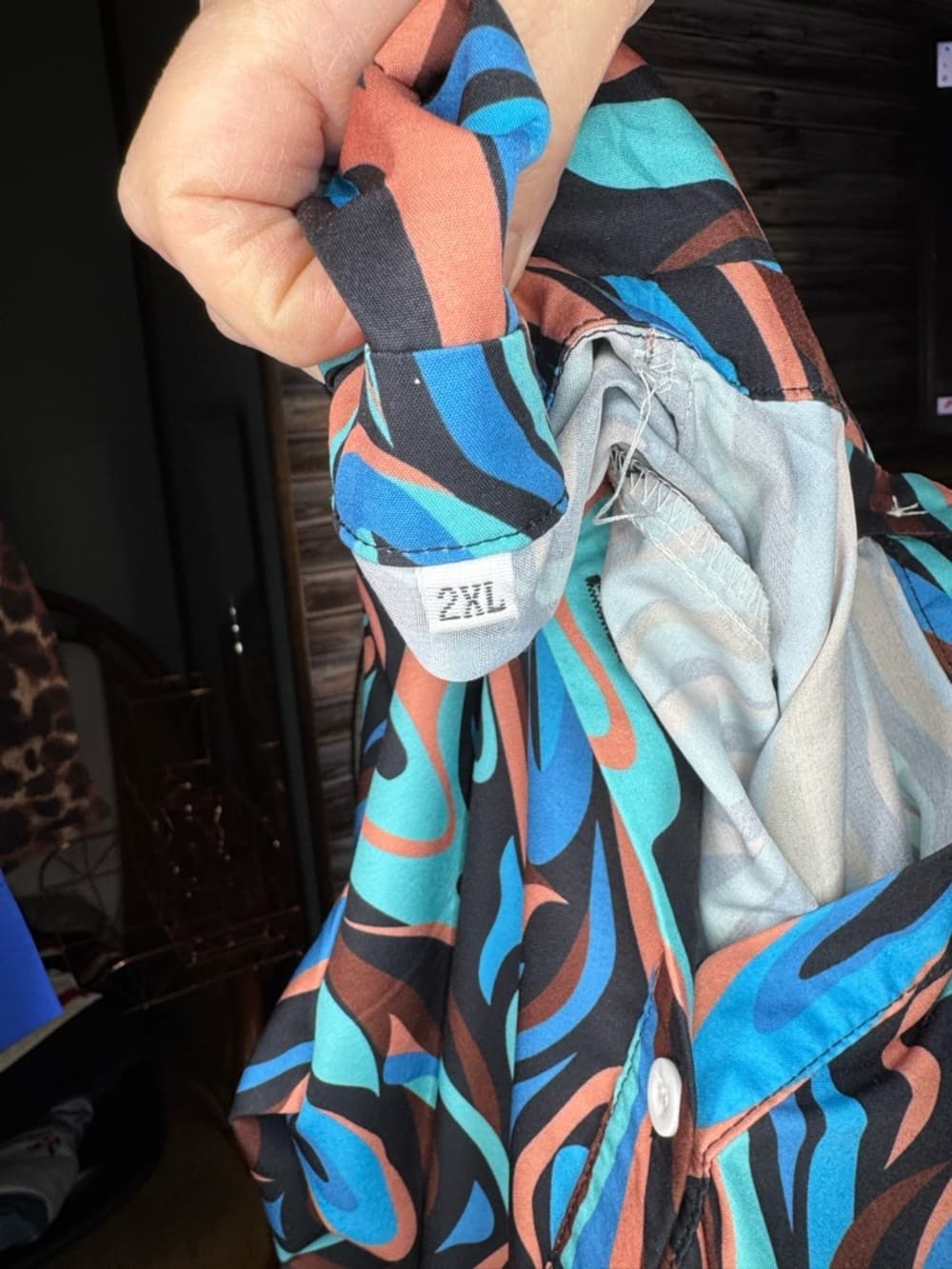 ★ Abstract Swirl Print Button Down Blouse Blue Brown Black Top - Thumbnail 3