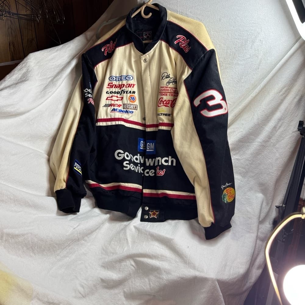 Men's Black and Cream Racing Jacket - Thumbnail 4