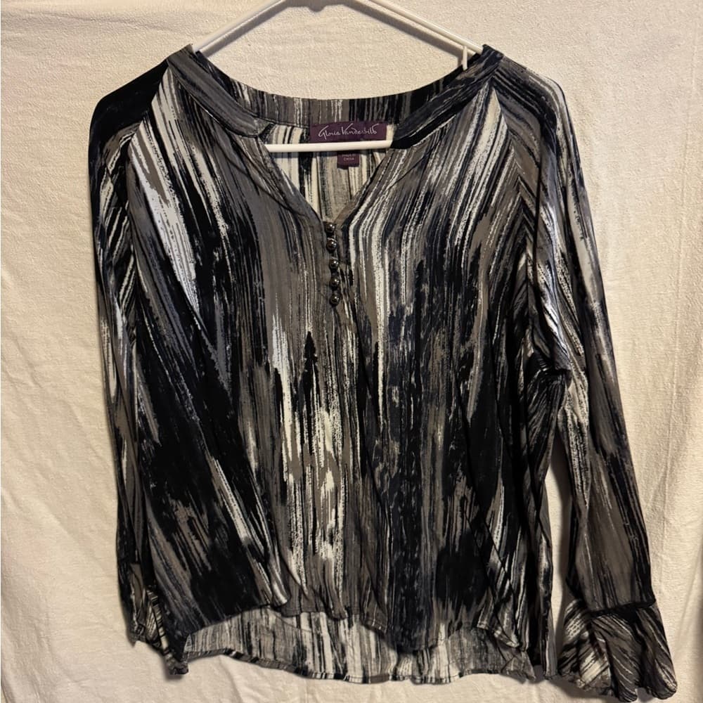 ★ Gloria Vanderbilt Black Gray Abstract Print Blouse Women PXL - Thumbnail 11