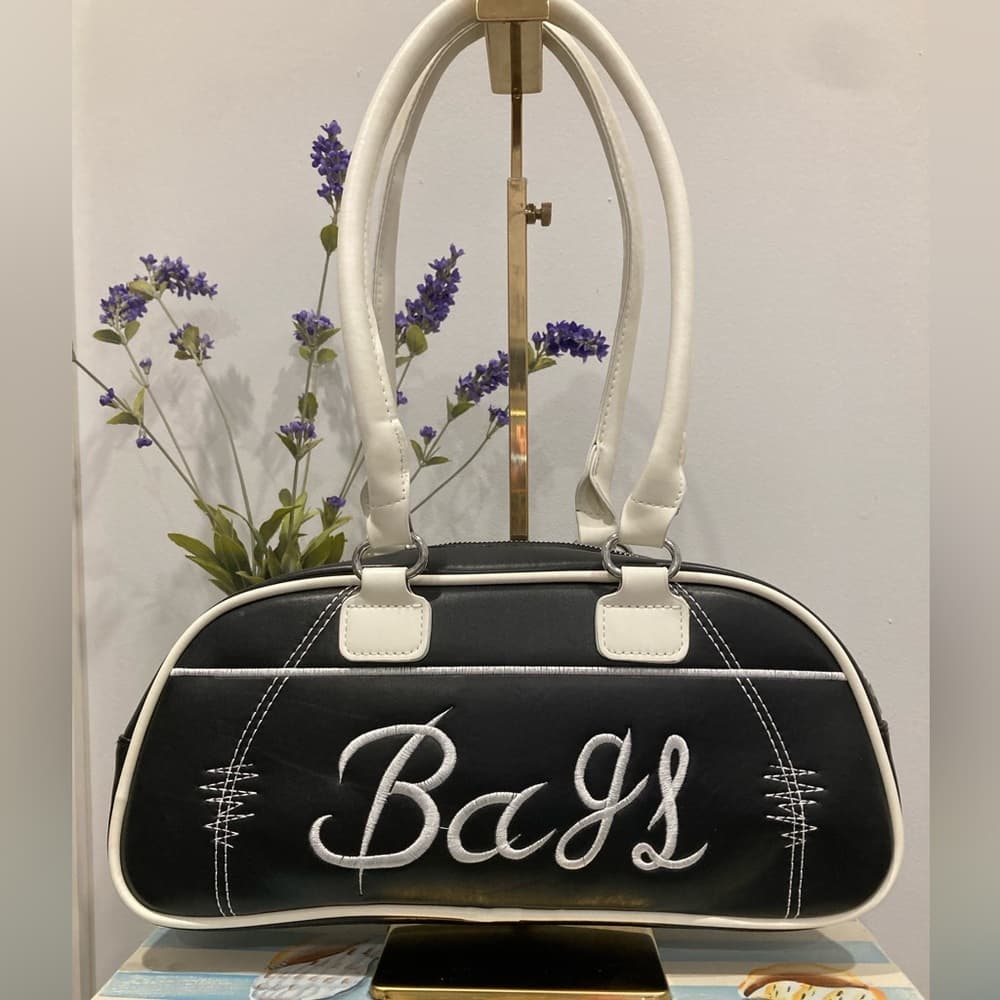 ⭐ BaJi Y2K Bowling Bag Black White Embroidered Retro Shoulder Purse - Thumbnail 6
