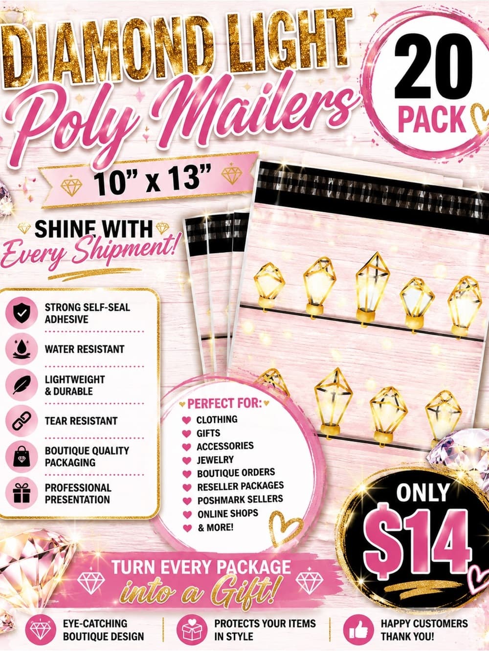 ★ 20 Diamond Light Poly Mailers 10x13 Boutique Shipping Bags