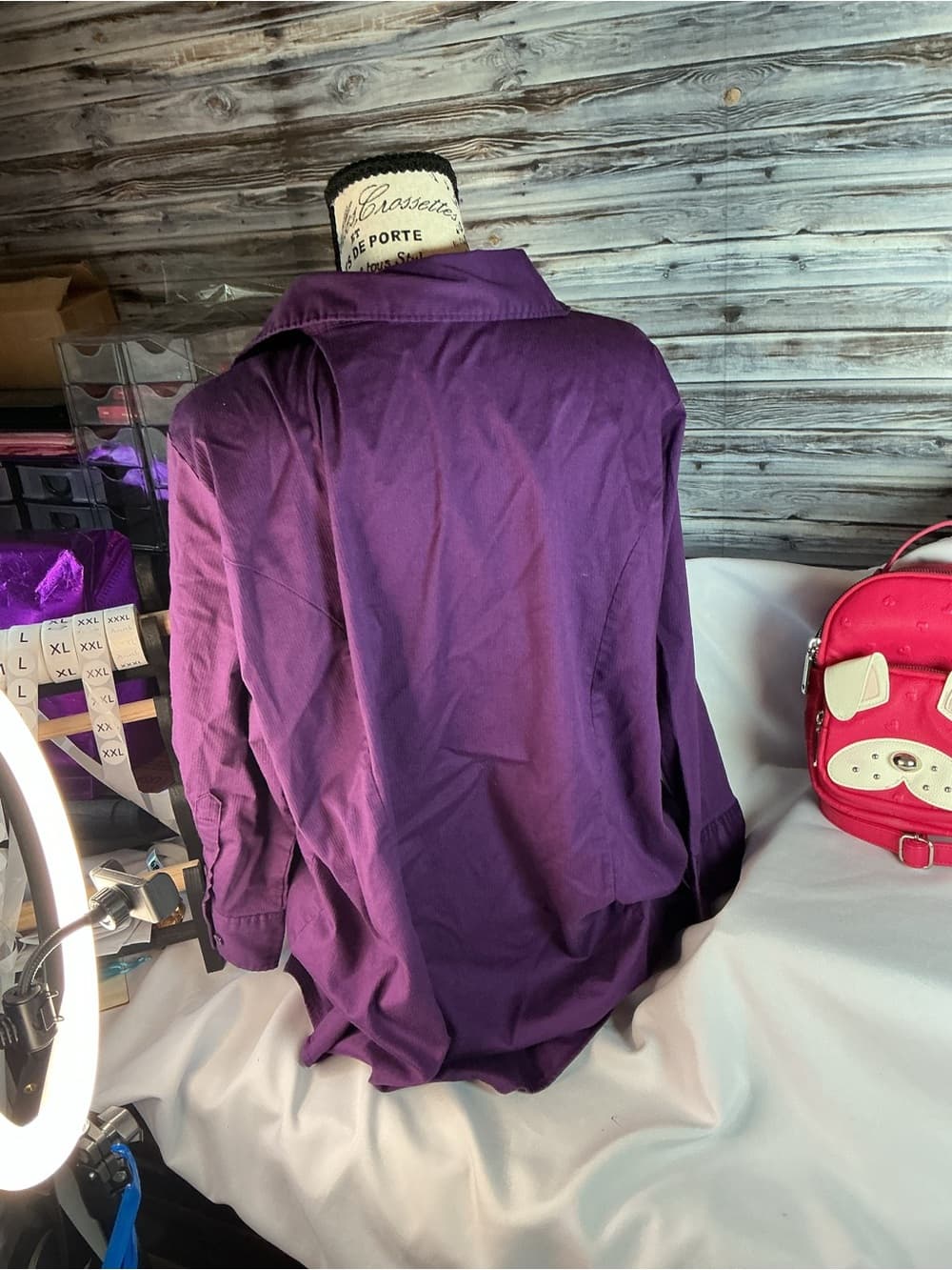 ★ Purple Button Front Career Blouse Relaxed Fit Long Sleeve Top - Thumbnail 4