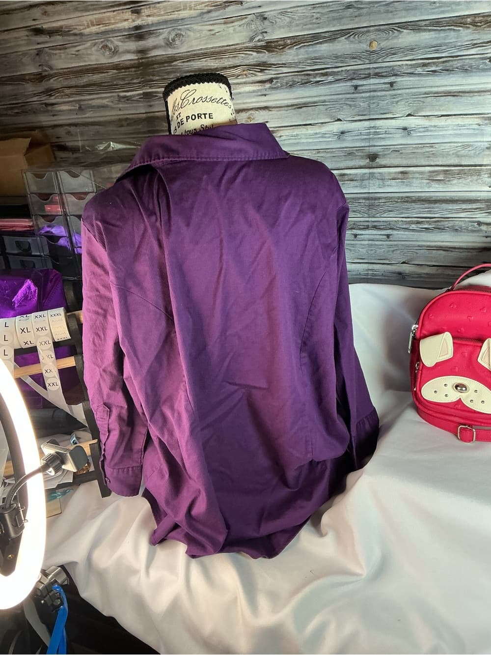 ★ Purple Button Front Career Blouse Relaxed Fit Long Sleeve Top - Thumbnail 5