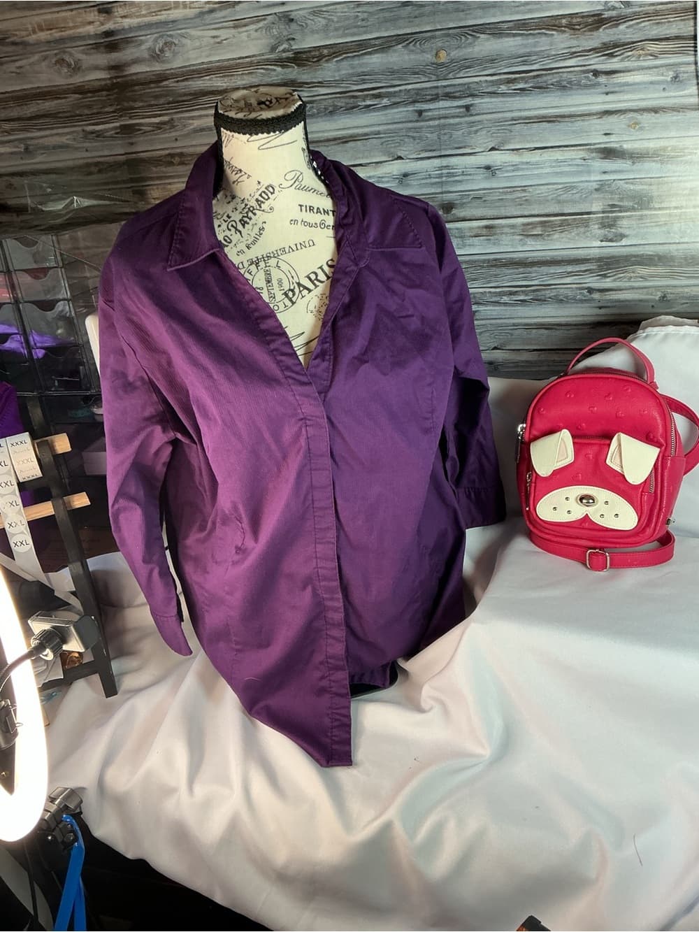 ★ Purple Button Front Career Blouse Relaxed Fit Long Sleeve Top - Thumbnail 2