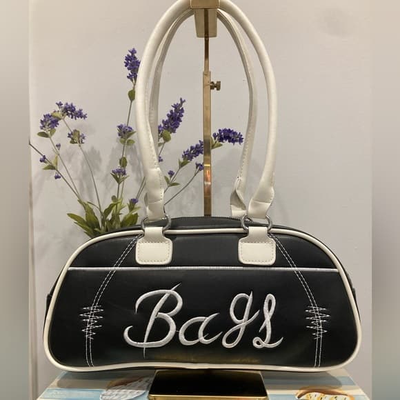 ⭐ BaJi Y2K Bowling Bag Black White Embroidered Retro Shoulder Purse - Thumbnail 7