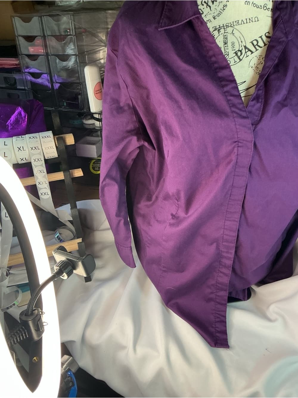★ Purple Button Front Career Blouse Relaxed Fit Long Sleeve Top - Thumbnail 3