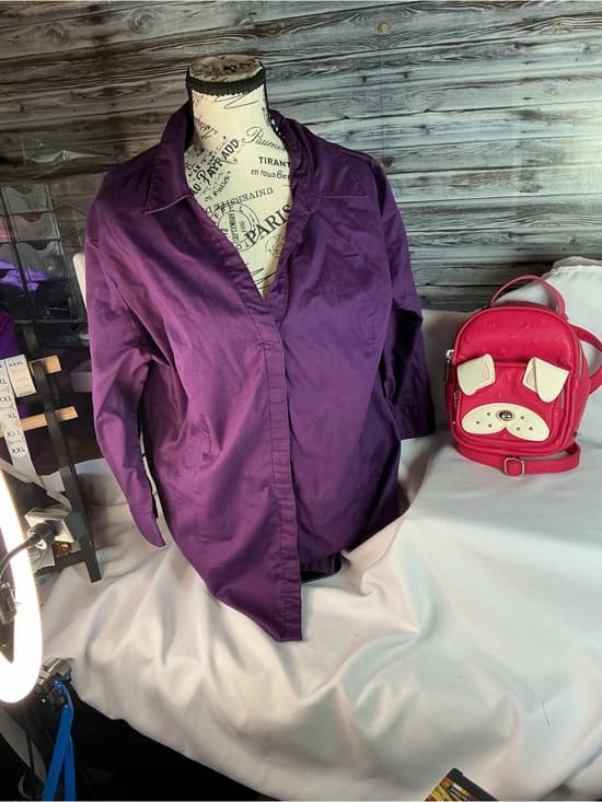 ★ Purple Button Front Career Blouse Relaxed Fit Long Sleeve Top - Thumbnail 10