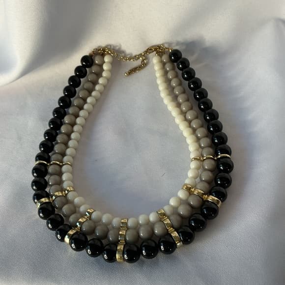 Layered Beaded Necklace Black Cream Taupe Gold Tone Statement - Thumbnail 3