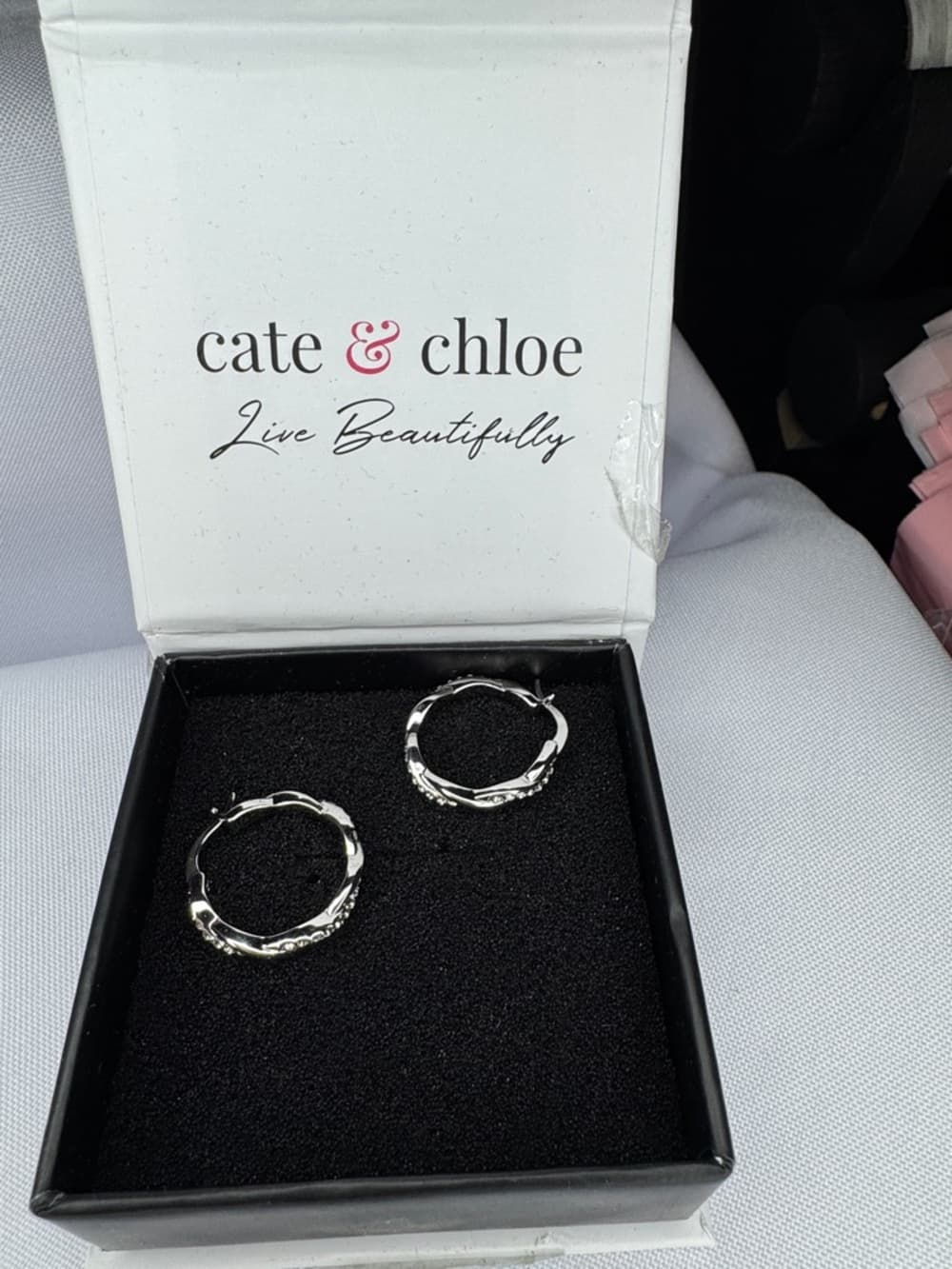 Cate & Chloe Silver Tone Hoop Earrings Rhinestone Gift Box - Thumbnail 8