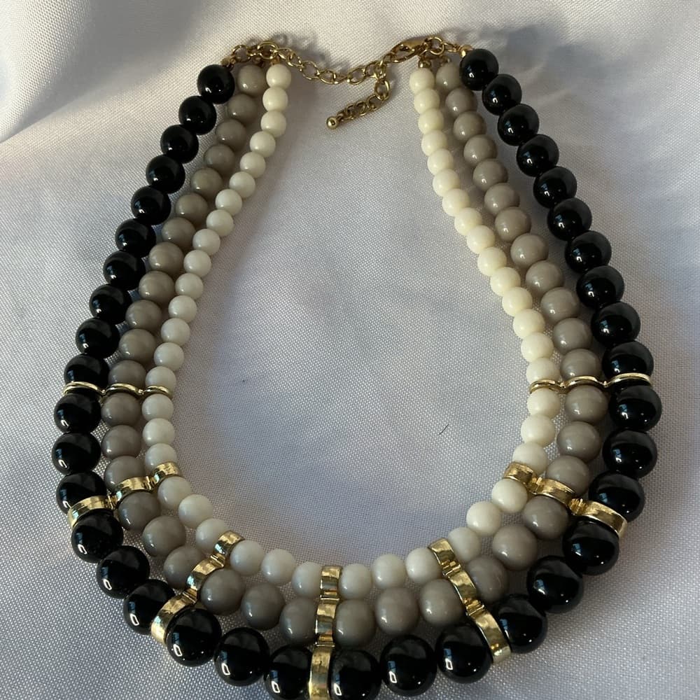 Layered Beaded Necklace Black Cream Taupe Gold Tone Statement