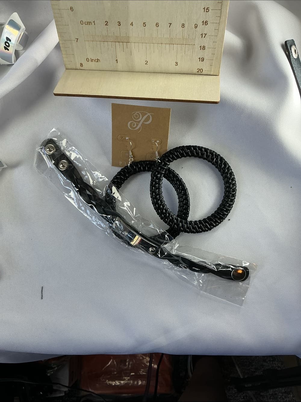 ★ Boho Black Hoop Earrings & Braided Bracelet Jewelry Bundle