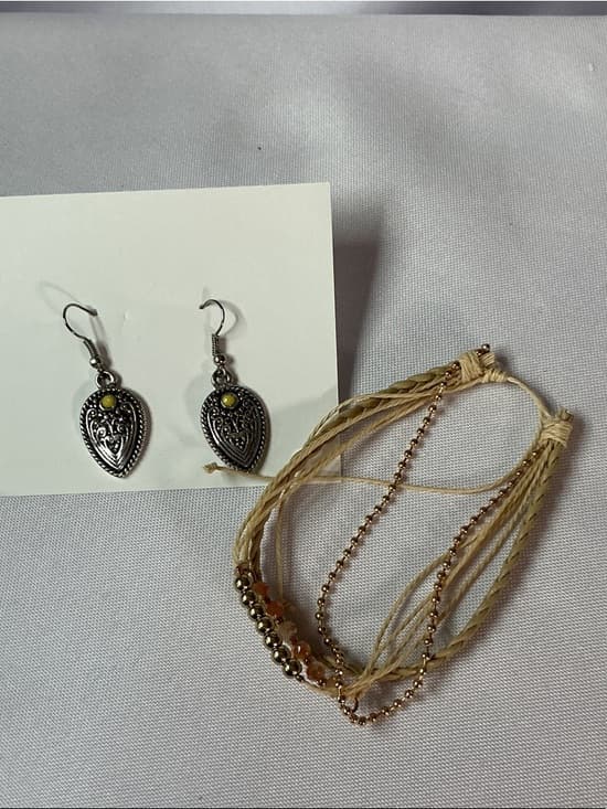 Boho Leather Wrap Bracelet & Silver Western Drop Earrings Set - Thumbnail 2